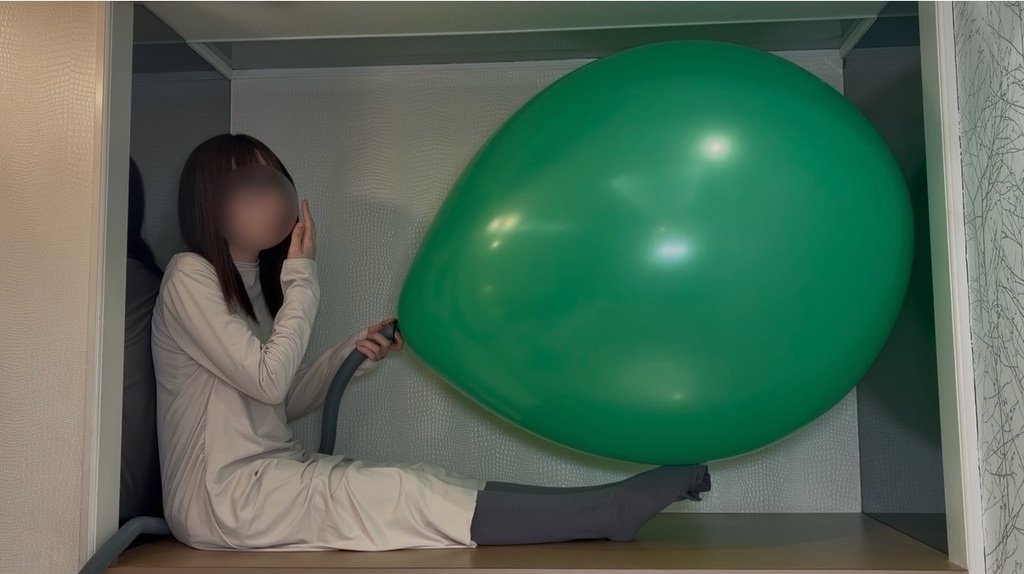 ブロワーで緑の巨大風船を膨らませるひなた